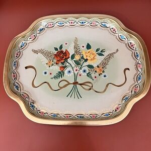 Vintage Baret Ware Serving Trays #236 Roses England Bouquet Gold Ribbons